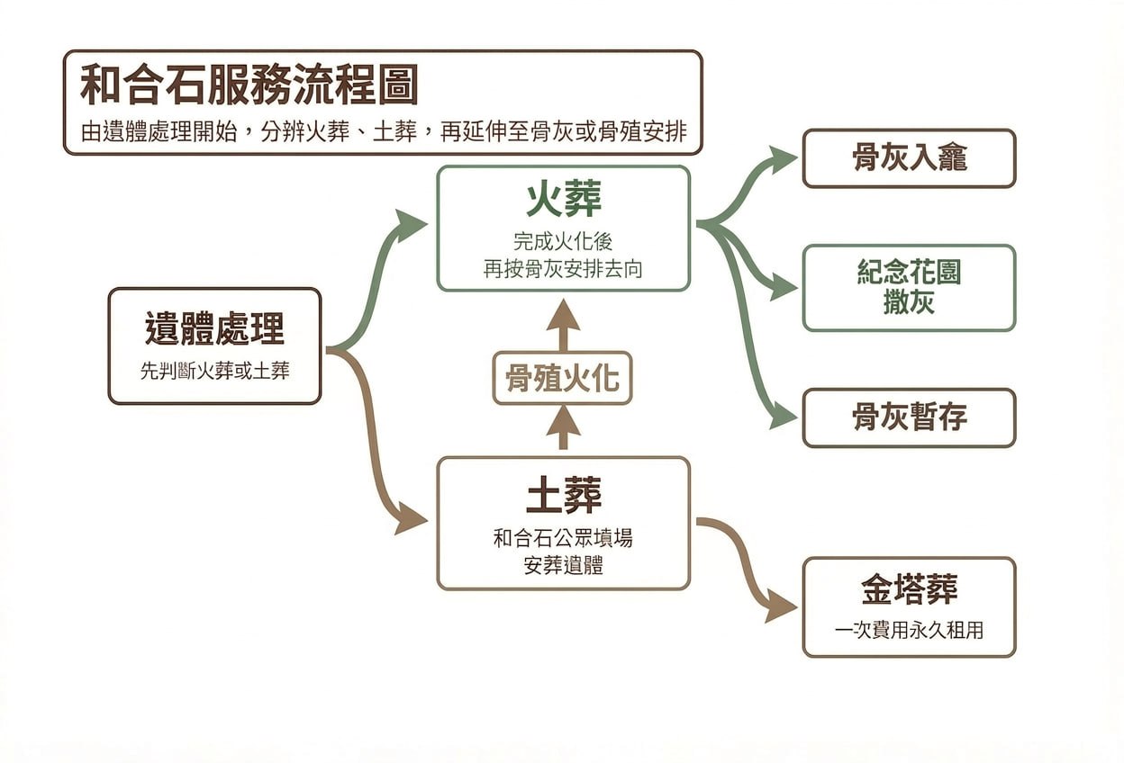 和合石服務流程概念圖：火葬、土葬、骨灰安置、撿拾骨殖與撒灰路徑